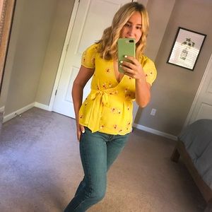 Yellow  puff sleeve embellished wrap top